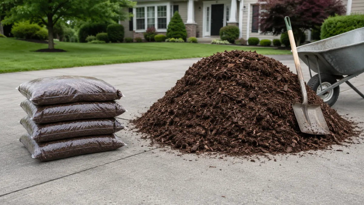 Comparison of bagged mulch and a bulk mulch pile for filling flower beds