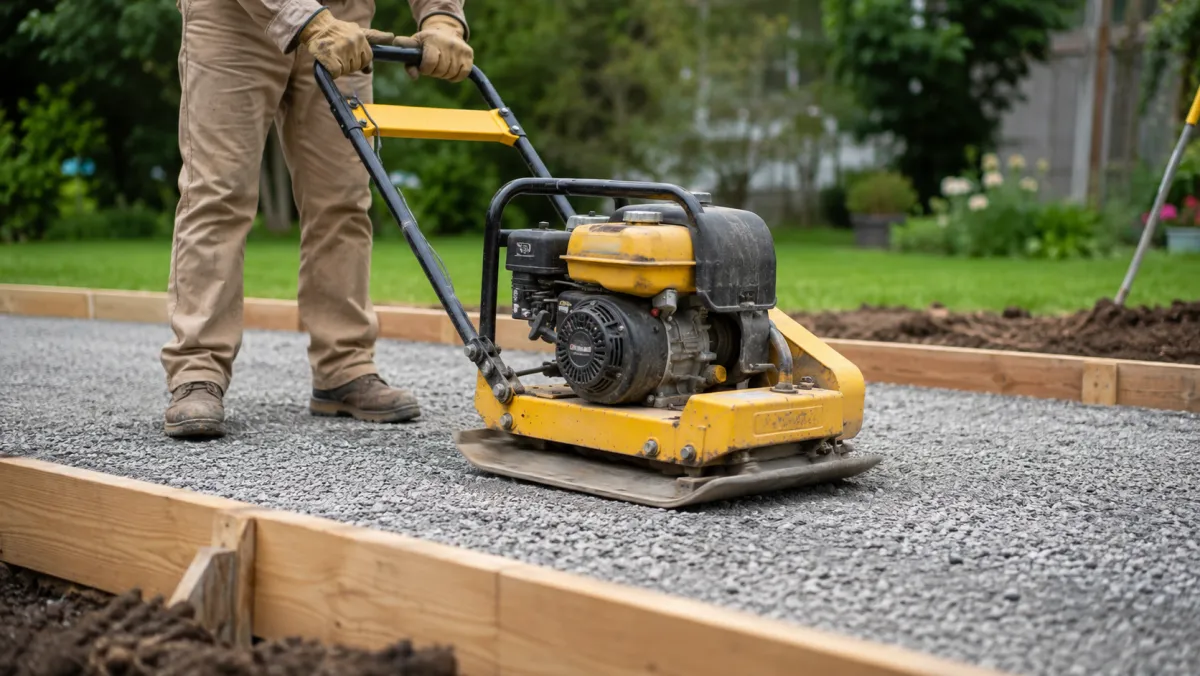 A plate compactor compacting a gravel base in layers before a concrete pour