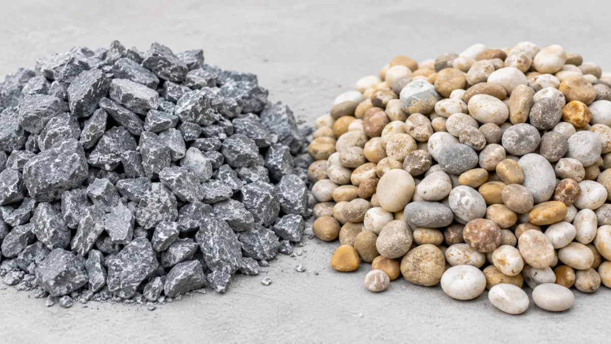 Angular crushed stone road base next to smooth rounded pea gravel, showing which to use under a slab