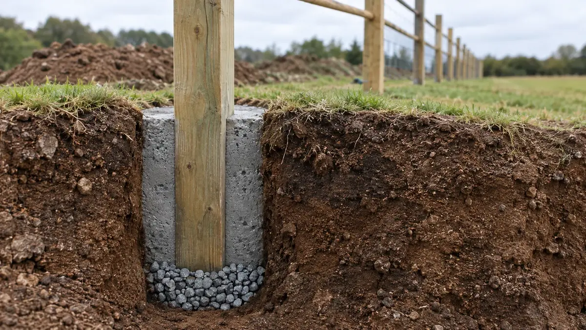 Cut-away view of a wooden fence post set in a concrete collar over a gravel drainage base, with a finished fence line behind