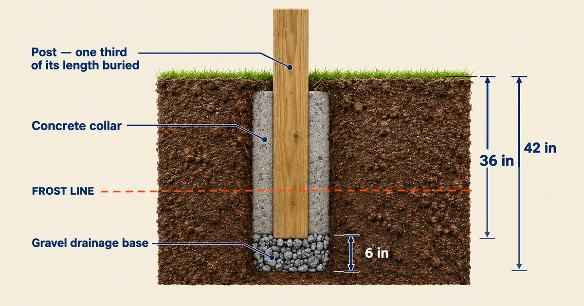 Cross-section diagram of a fence post set in concrete over a gravel base, with the frost line marked and the 36 inch post depth, 6 inch gravel base and 42 inch hole dimensioned