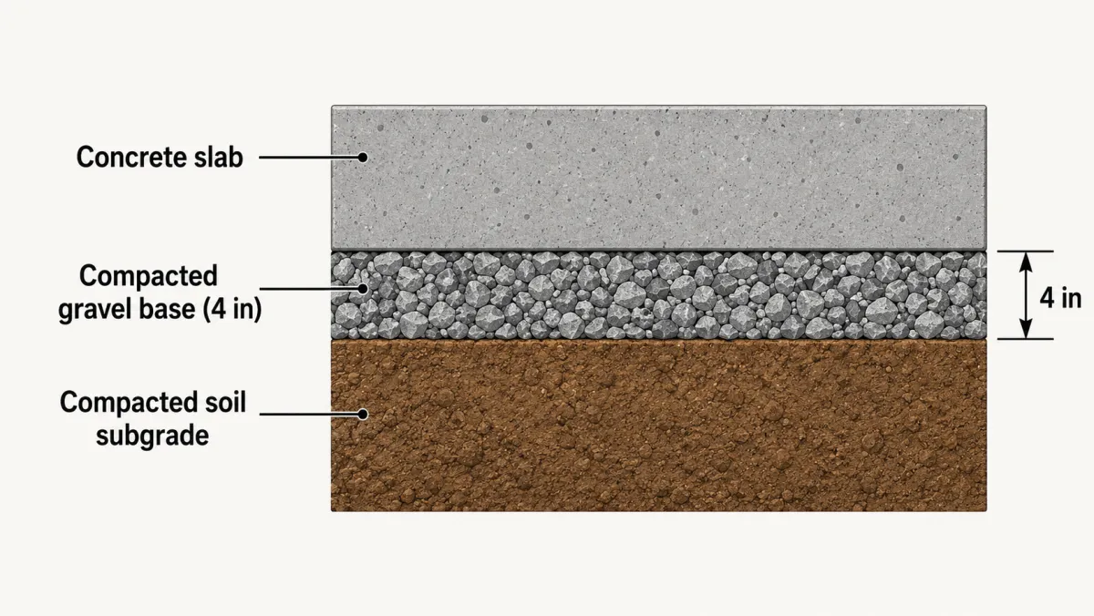 Cross-section diagram showing the compacted soil subgrade, gravel base, and concrete slab with the 4-inch base depth labeled