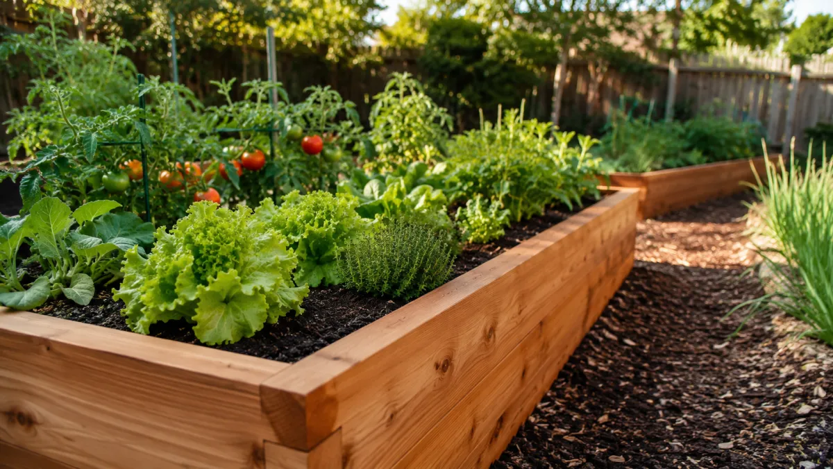 A wooden raised garden bed filled with rich soil and growing vegetables