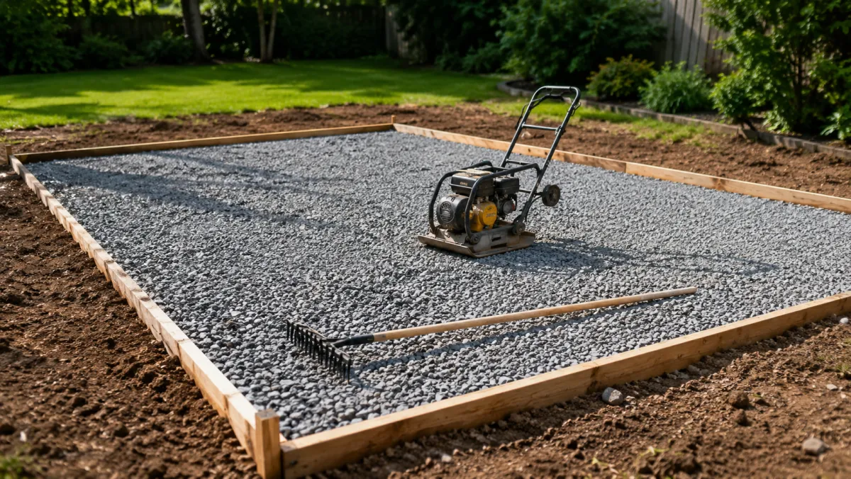 A compacted gravel base being prepared before a concrete pour