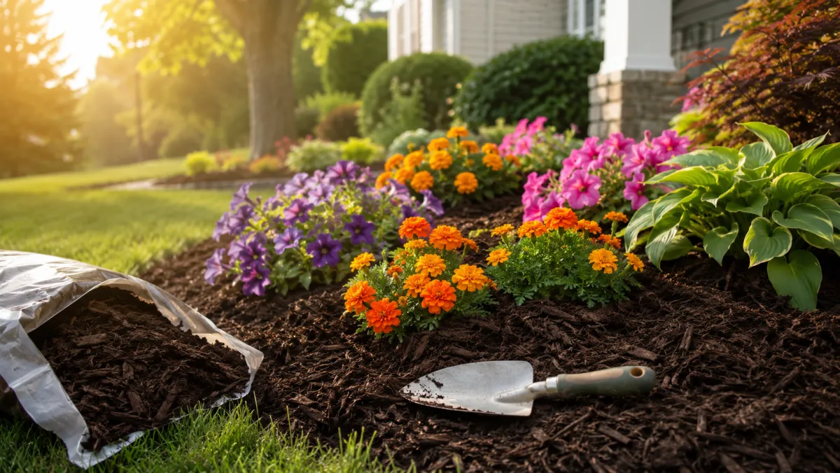 A tidy flower bed topped with fresh mulch