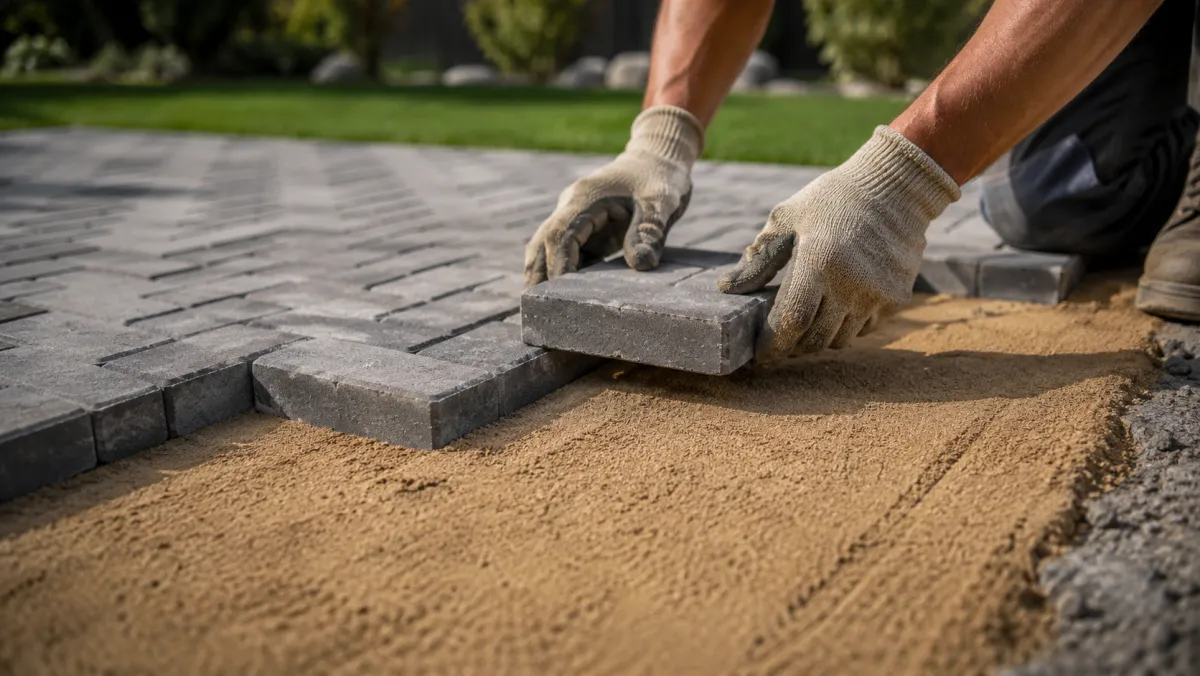 Laying concrete pavers on a screeded bedding sand layer