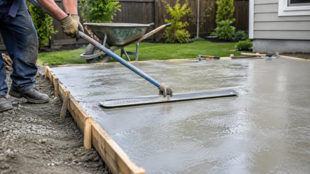 Worker finishing a freshly poured residential concrete slab with a bull float