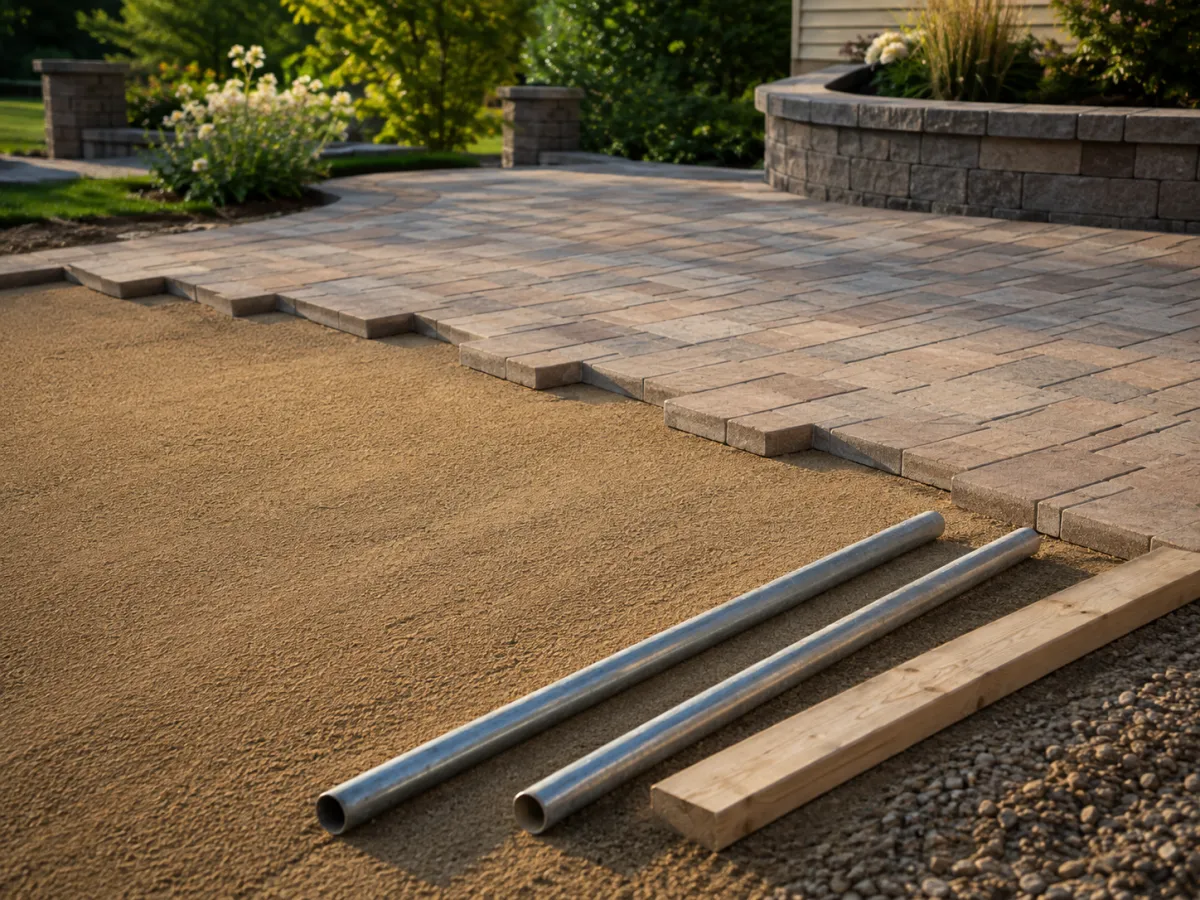 Concrete pavers being laid in a running bond pattern on a screeded sand bed