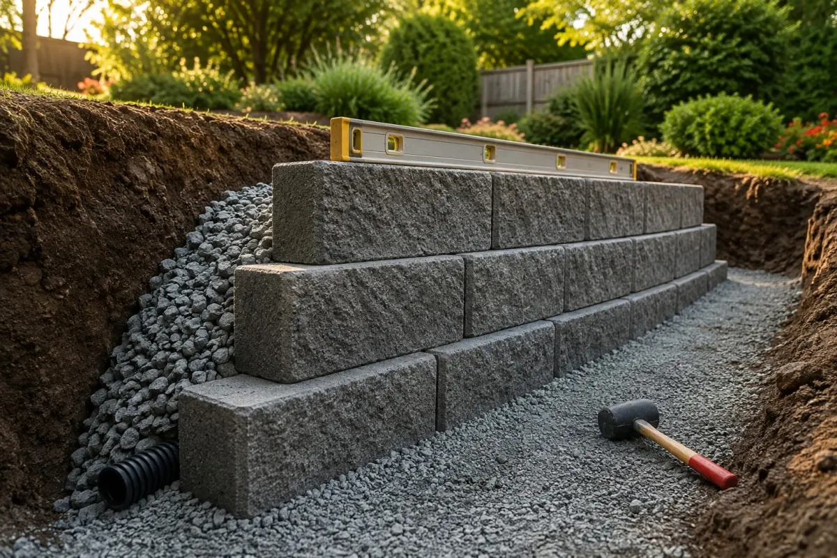 Segmental concrete blocks being stacked on a compacted gravel base with drainage stone behind