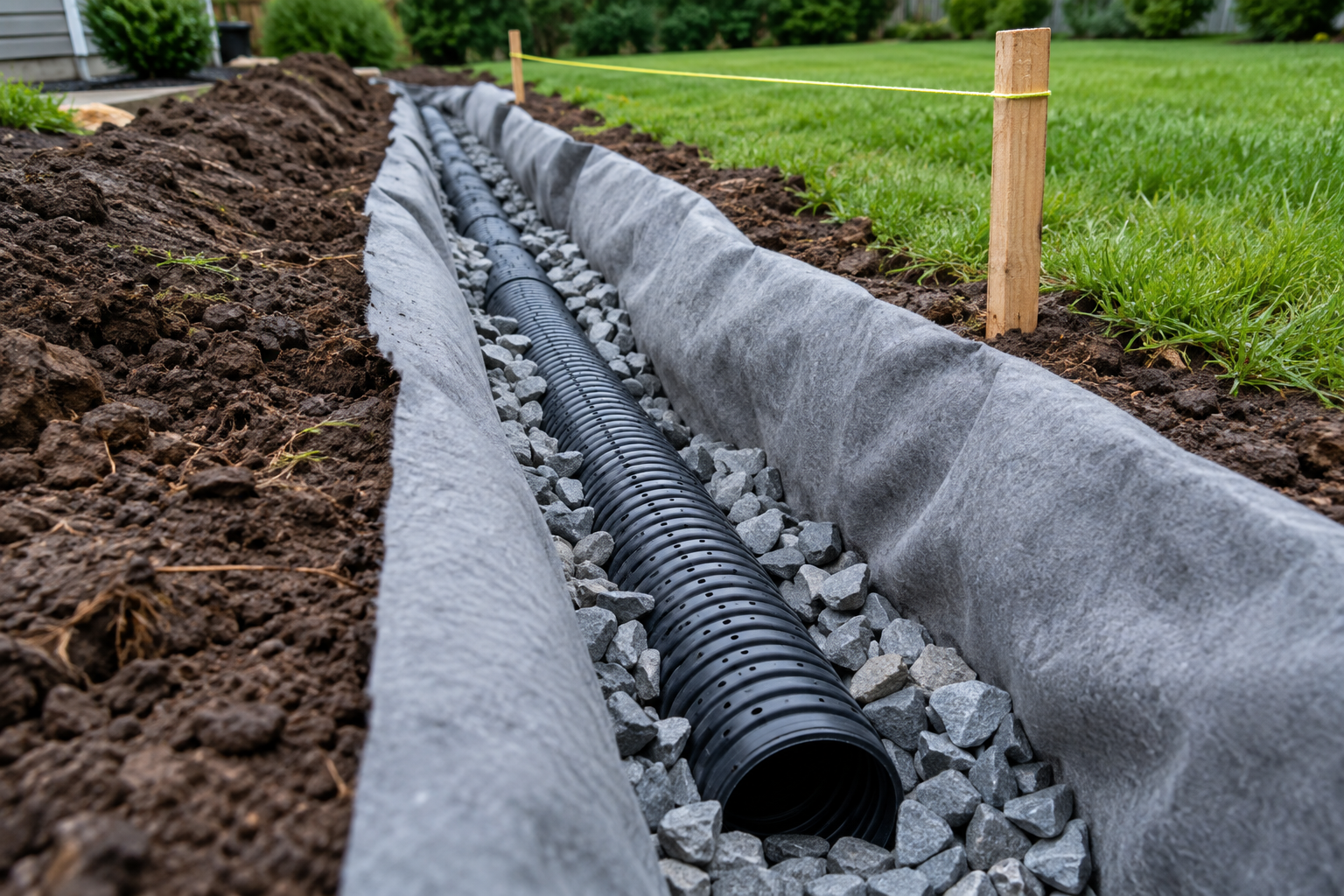 Open drainage trench lined with geotextile fabric, with perforated pipe bedded in clean angular stone