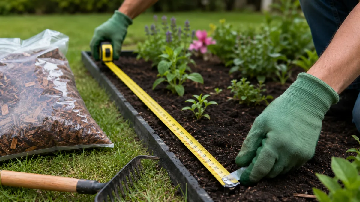 Gardener measuring a flower bed with a tape measure to calculate how much mulch is needed