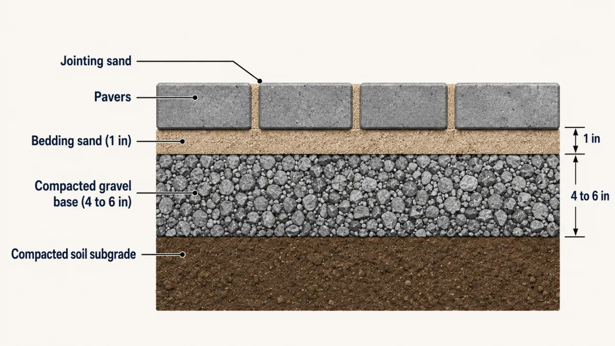 Cross-section diagram of a paver build showing soil subgrade, gravel base, bedding sand, pavers, and jointing sand