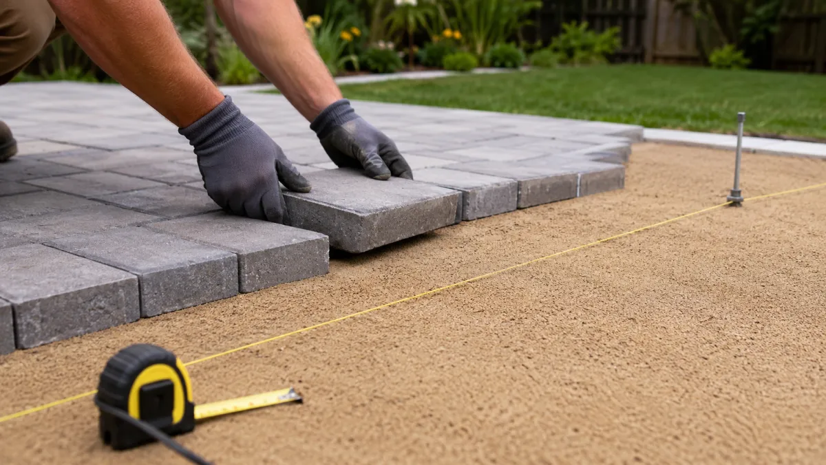 A paver patio being laid out and measured