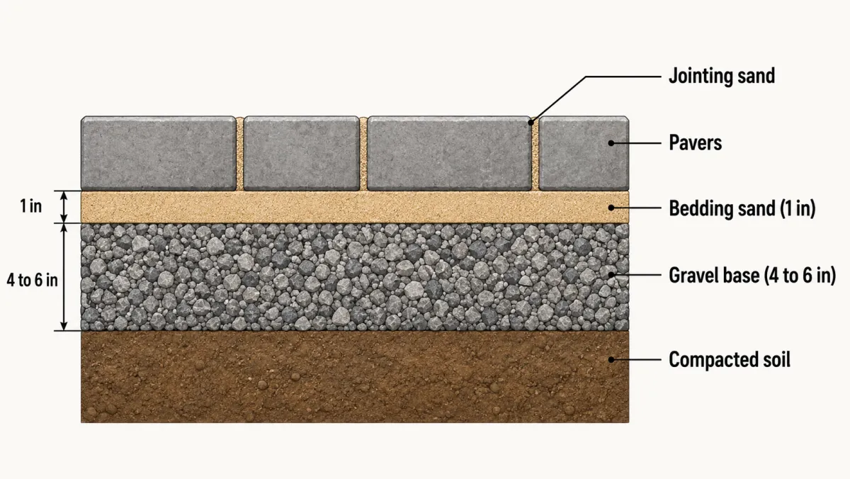 Cross-section diagram of a paver patio showing the gravel base, bedding sand, pavers, and jointing sand