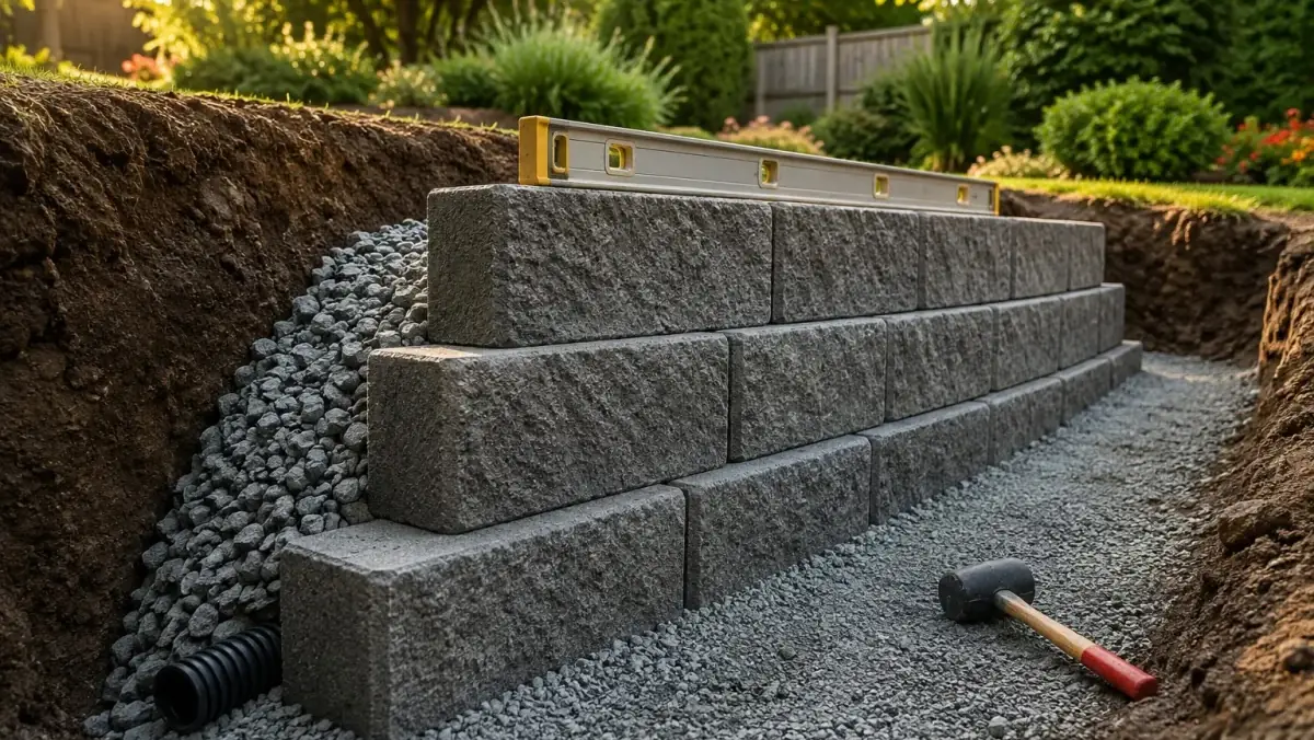 A segmental block retaining wall under construction, showing the levelling pad trench and the drainage stone being placed behind the blocks