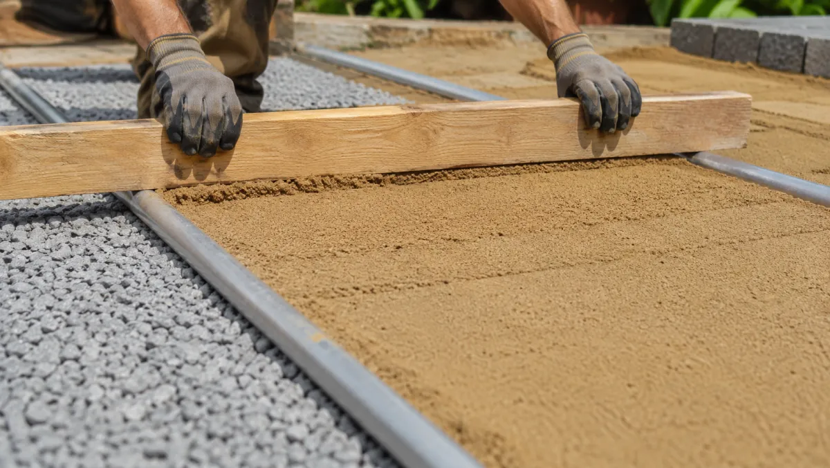 Screeding bedding sand level with a 2x4 dragged across two pipe screed rails