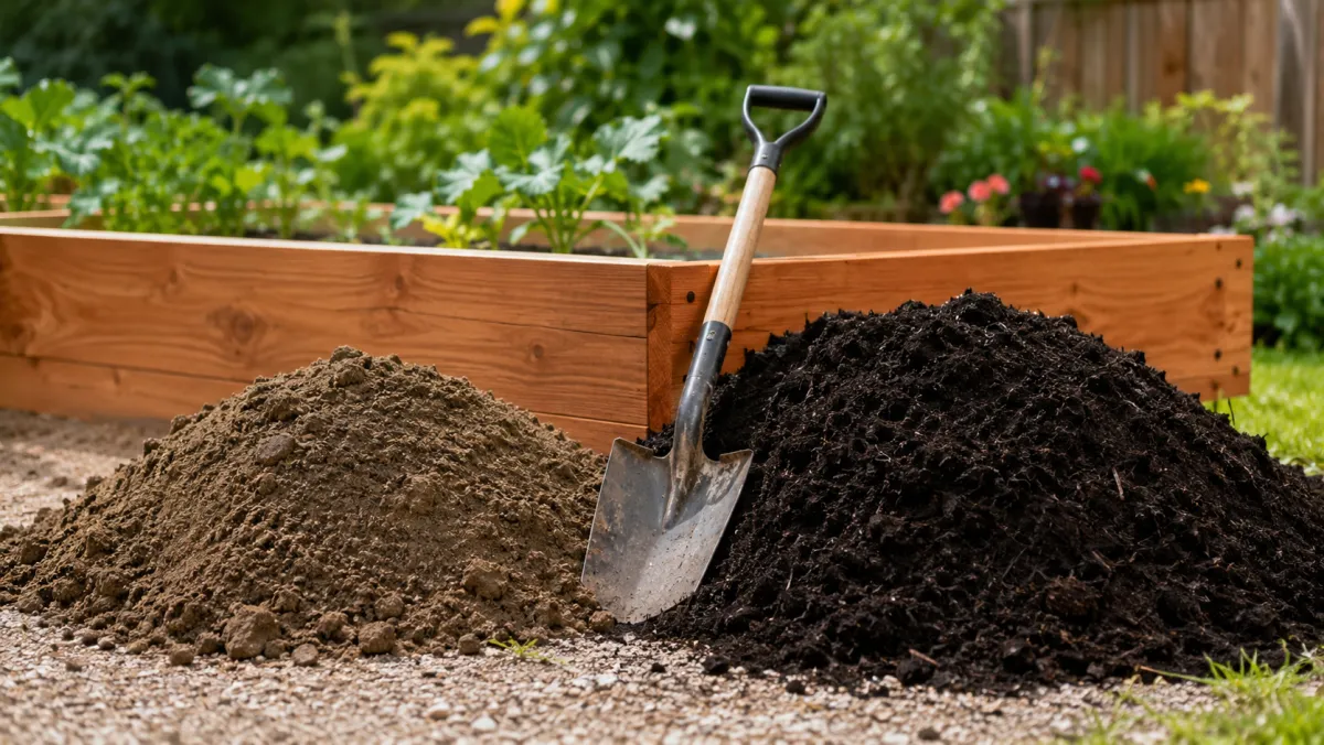 Topsoil and compost side by side ready to fill a raised garden bed